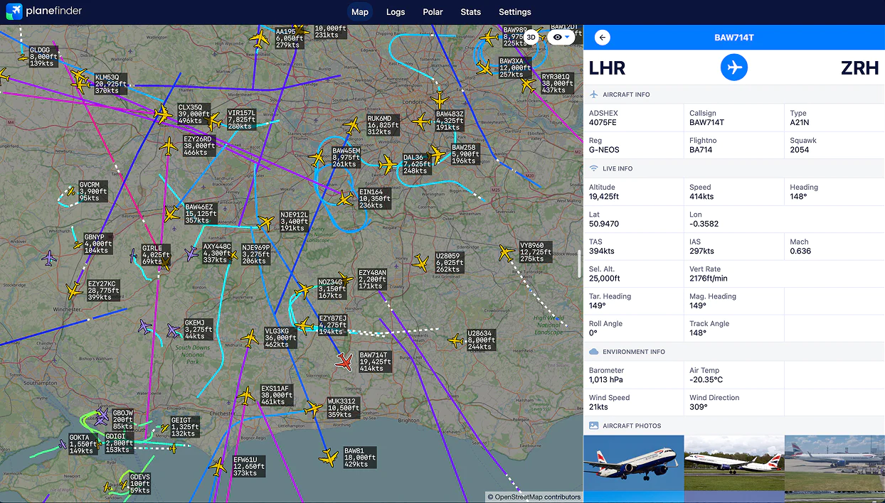 The Plane Finder client showing a 2D map with live labels and an aircraft detail panel