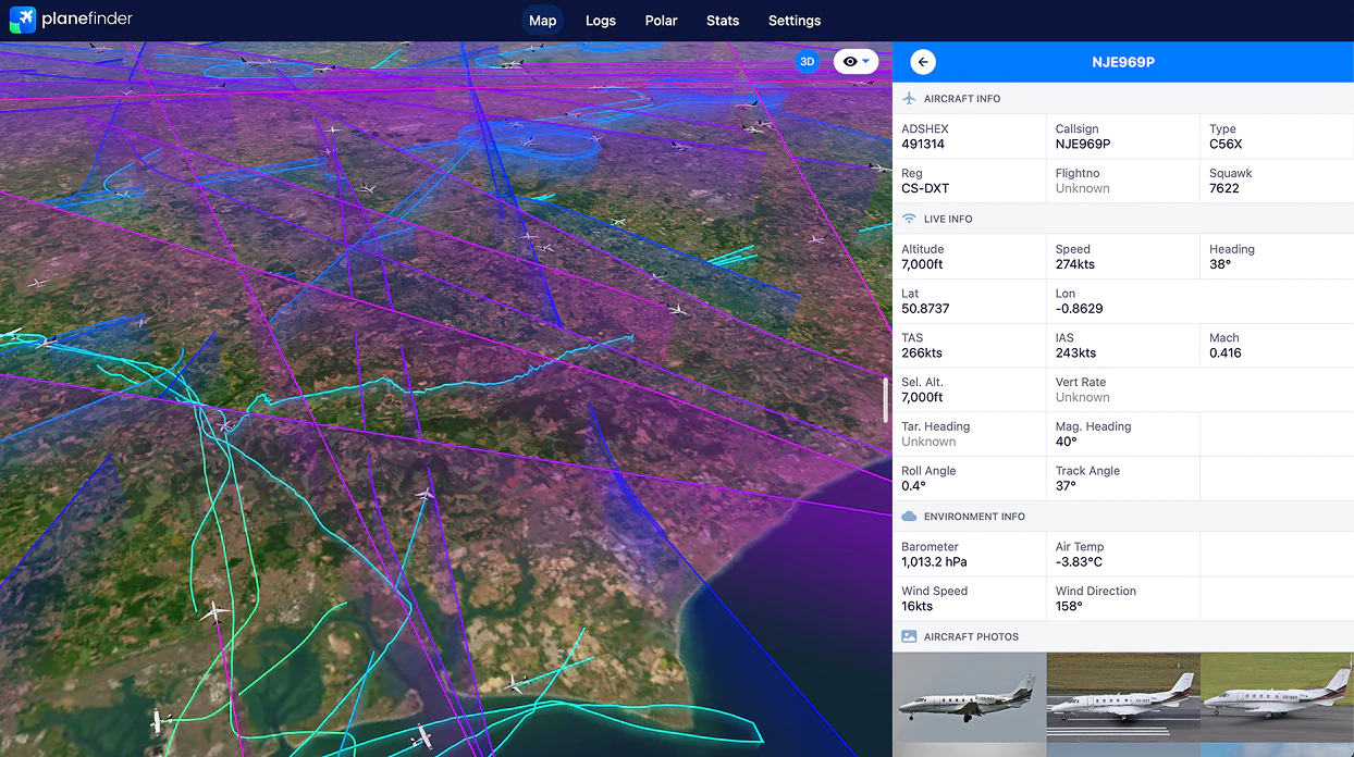 The Plane Finder client showing a 3D view with full flight paths and altitude-coloured tracks